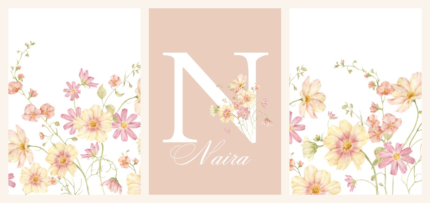 The three Blush Cosmos Name Set prints side by side, cosmos spray, name print and second cosmos spray