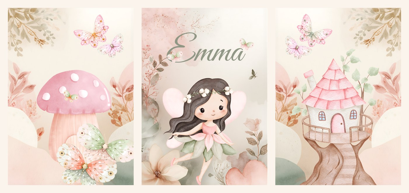 The three Fairy Treehouse Name Set prints side by side, toadstool, name print and treehouse