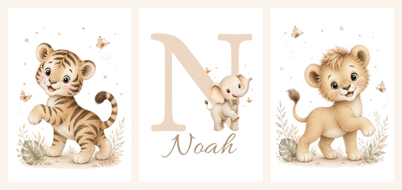 The three Jungle Cubs Name Set prints side by side, tiger cub, name print and lion cub