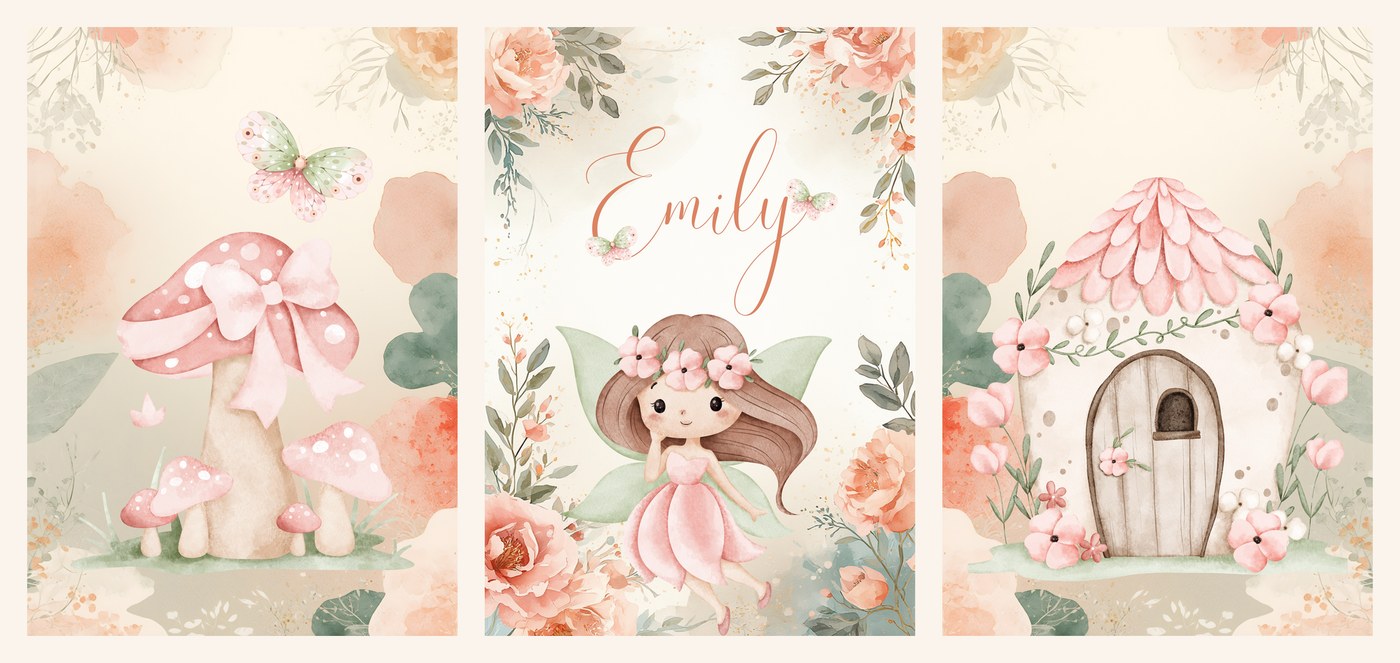 The three Peach Fairy Name Set prints side by side, toadstool, name print and fairy house
