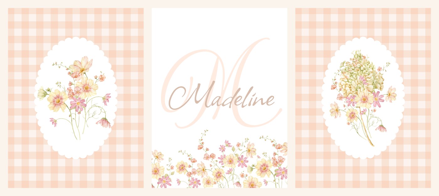 The three Peach Gingham Name Set prints side by side, cosmos posy, name print and hydrangea-and-cosmos posy