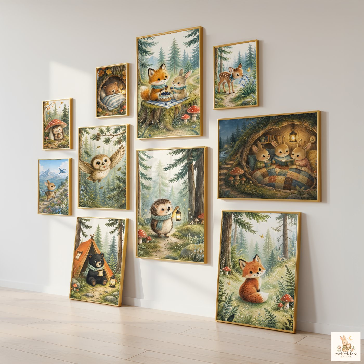 Woodland Stories prints framed on a nursery wall